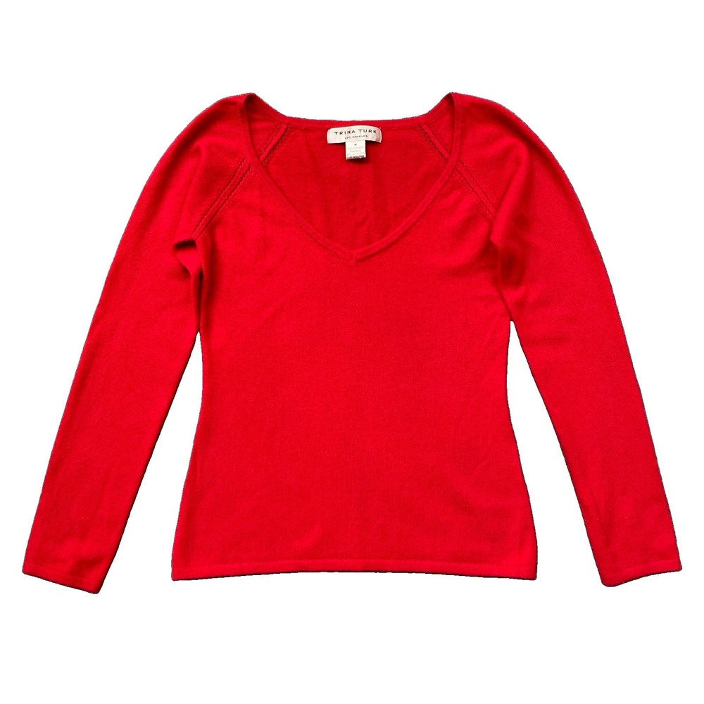 Trina Turk Cashmere Sweater Size S Red Vibrant V-Neck Y2K Timeless Feminine